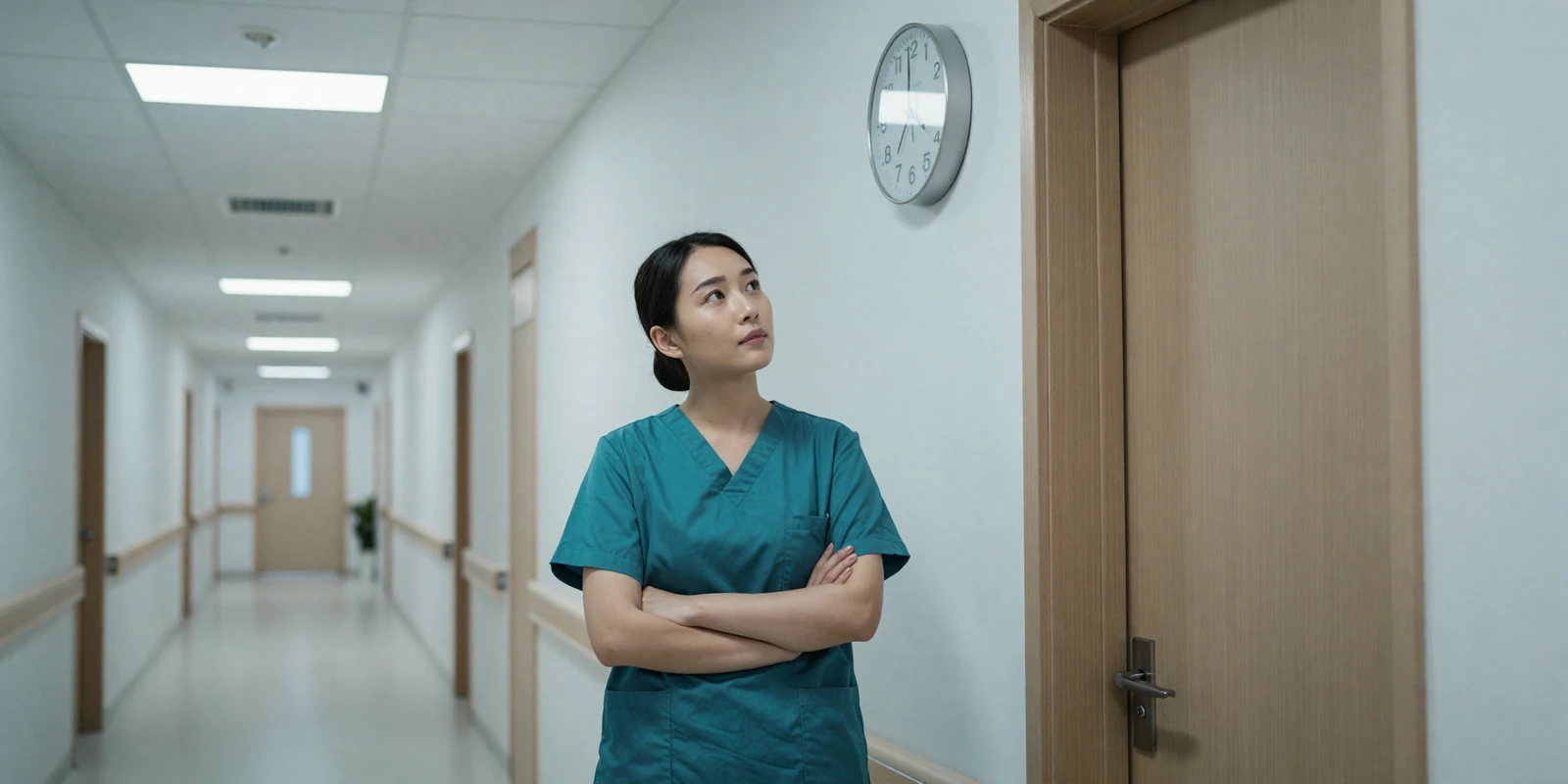 Female doctor in scrubs checking the time on a hospital wall clock