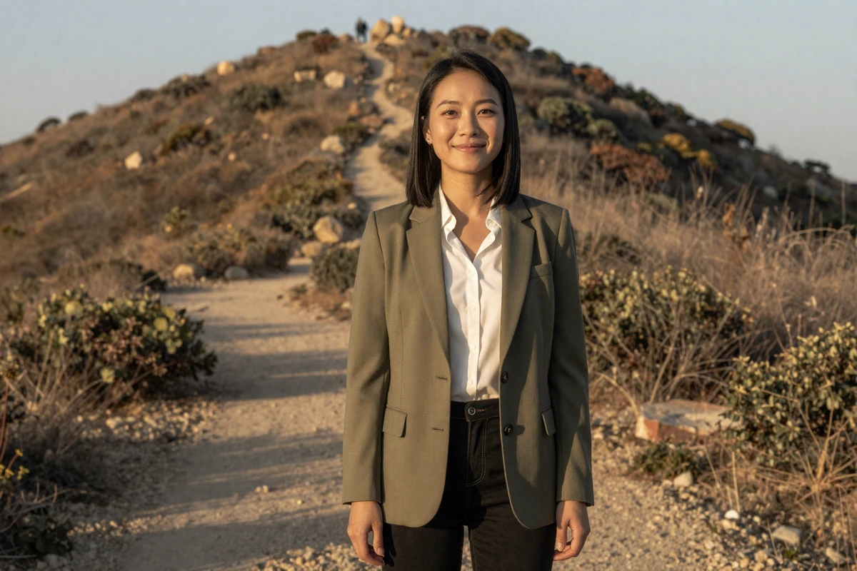 Female endocrinologist in smart casual attire hiking on a weekend travel trip
