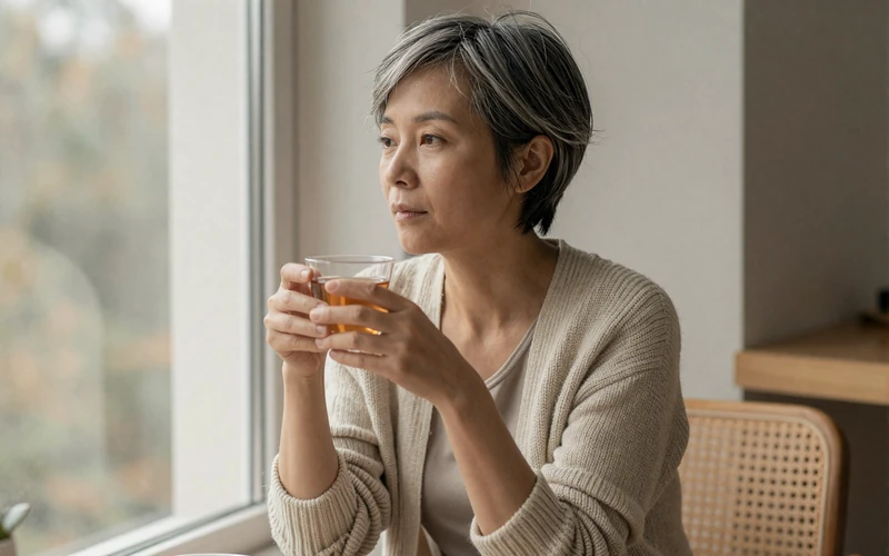 Asian female nurse-midwife sitting by a window with tea in a reflective moment
