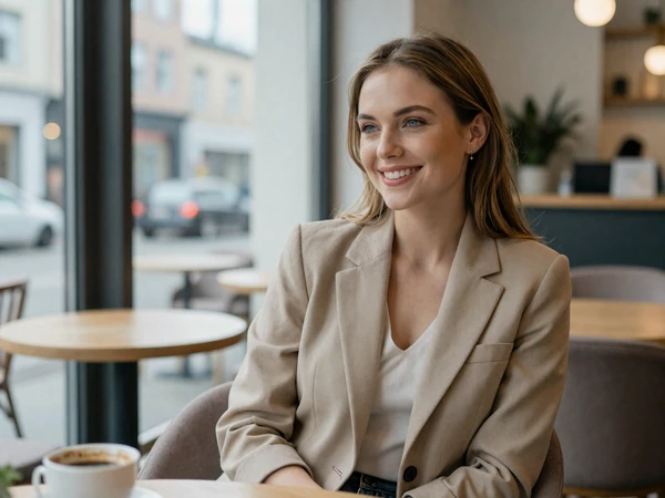 Female doctor enjoying coffee in an upscale coffee shop by the window