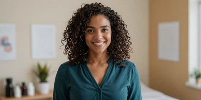 Female family doctor smiling warmly in a bright community clinic