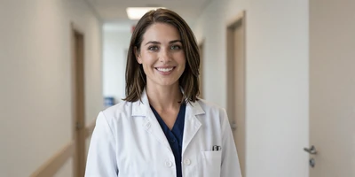 Female nurse practitioner in a modern clinic hallway