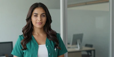 Latina female critical care nurse in a modern office