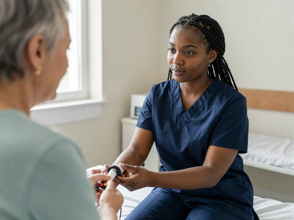 Black female LPN taking vitals in a bright long-term care facility room