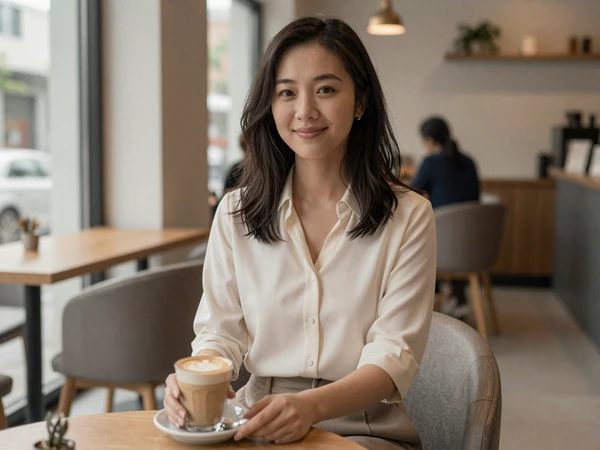 Female physician assistant relaxing at a modern coffee shop after her clinic shift