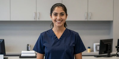 Latina nurse smiling at a modern nurses station
