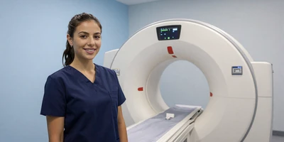 Female radiology tech in scrubs standing next to modern imaging equipment