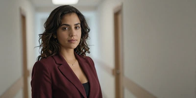 Female family doctor standing confidently in a bright clinic hallway