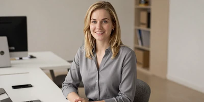 Female internist sitting at her desk in a modern medical office