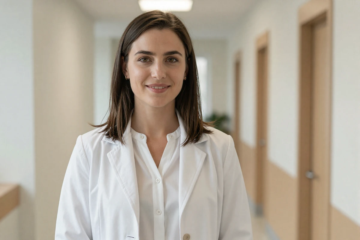 Female nurse practitioner smiling confidently in a modern clinic hallway
