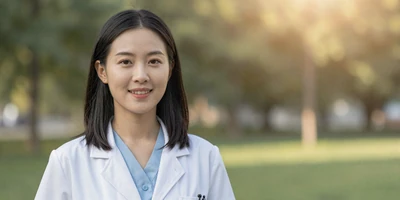 Female pediatrician smiling gently in a park on a sunny afternoon