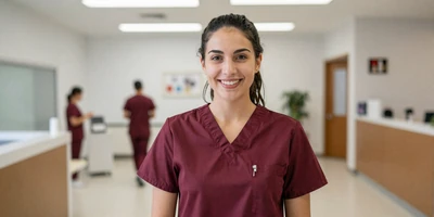 Female medical assistant in a busy clinic reception area