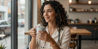 Latina female nurse enjoying coffee in a modern coffee shop