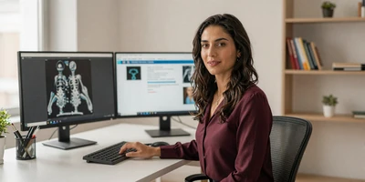 Female radiologist in a burgundy blouse at a modern desk with monitors in a contemporary office