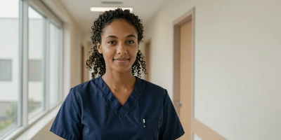 Black female licensed practical nurse in a private clinic hallway