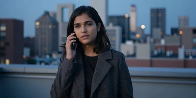 Female doctor on a phone call at dusk on a city rooftop with skyline behind her
