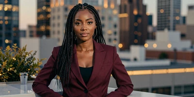 Female plastic surgeon in a tailored blazer at a rooftop bar at dusk