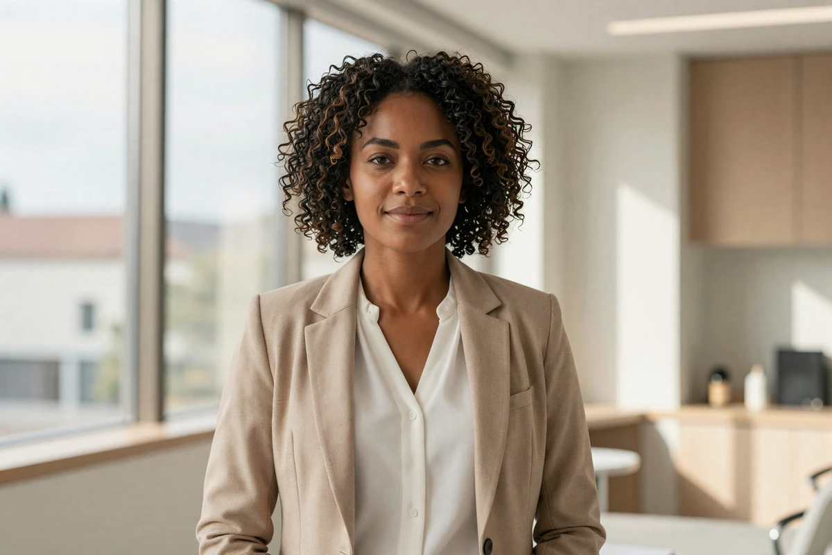 Female urologist in a smart casual blazer standing confidently in a bright modern medical office