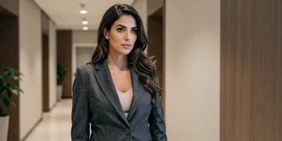 Female plastic surgeon in a tailored blazer in a modern business hotel lobby