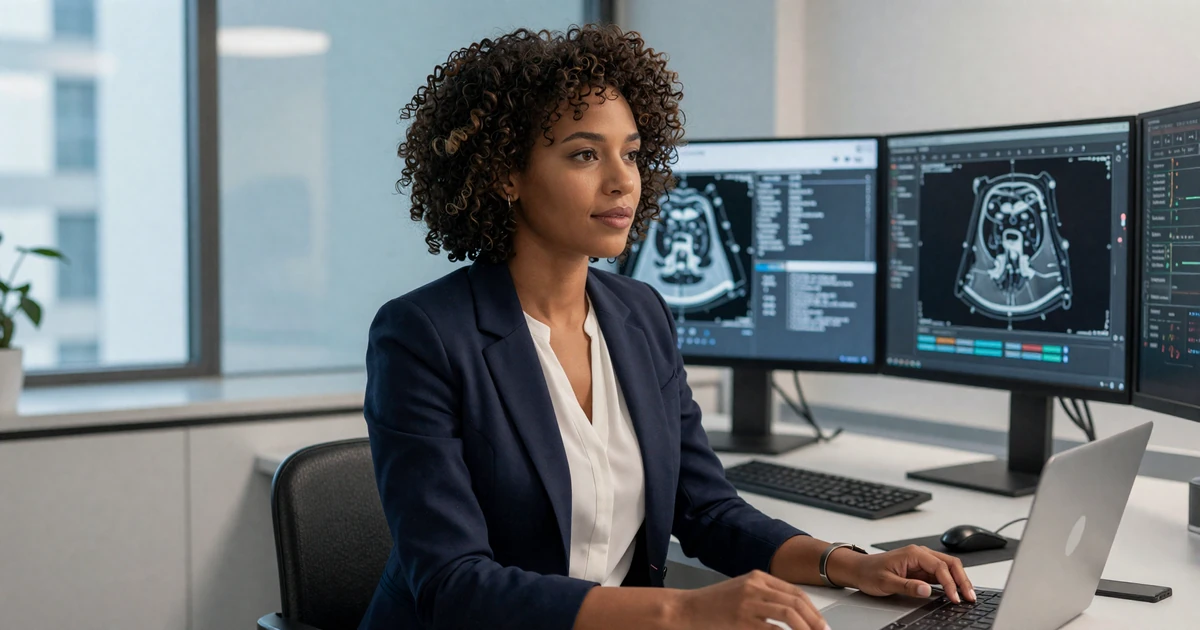 Female radiologist in a navy blazer reviewing medical images at a modern workstation with multiple monitors