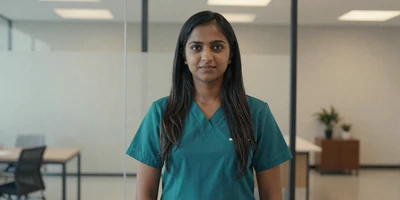 South Asian female nurse anesthetist in a bright modern office