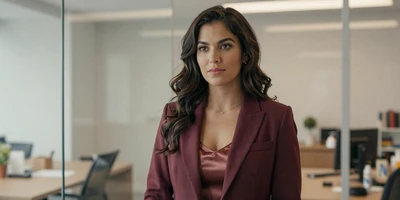 Latina female pharmacist standing confidently in a modern office