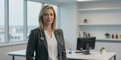 Female internist in a charcoal blazer standing confidently in a modern medical office