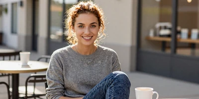 Mixed ethnicity female emergency nurse at an outdoor cafe