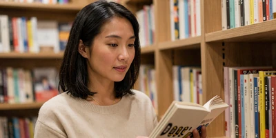 Asian female occupational therapist browsing books in a cozy bookstore