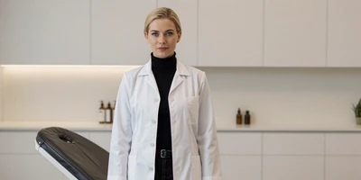 Female plastic surgeon in a white coat at a modern aesthetic clinic