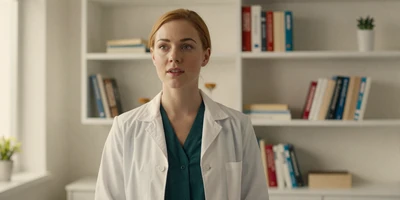 Female oncologist in a white coat standing in a modern medical office