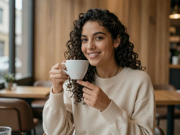 Female internist enjoying coffee in an upscale cafe with warm wood interior