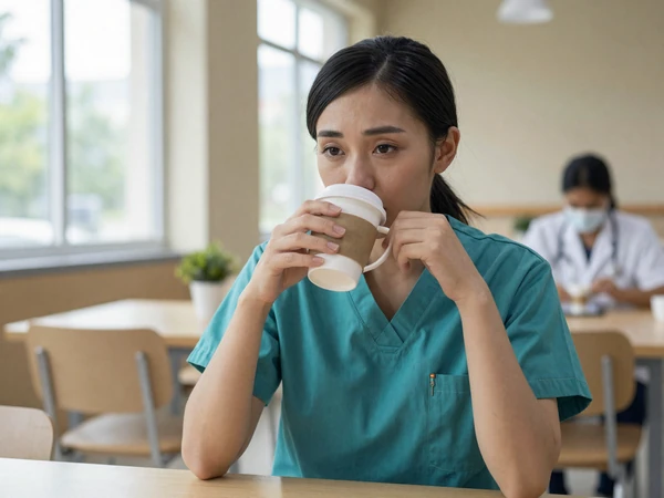 Female doctor in scrubs drinking coffee at a hospital cafeteria after a long shift