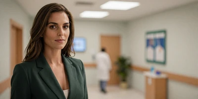 Female pulmonologist in a bright hospital lobby wearing a dark blazer