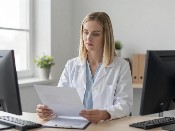 Female doctor in a lab coat reviewing patient files in a bright modern office