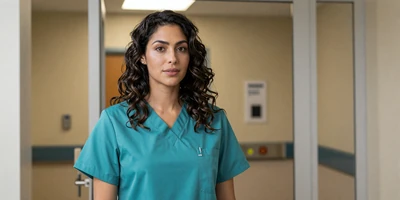 Mixed ethnicity emergency nurse near an ER entrance