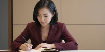 Female endocrinologist in a burgundy blazer writing notes in a journal at a desk