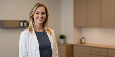 White physician assistant in a modern clinic exam room