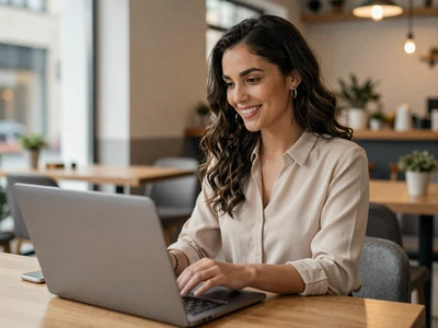 Female doctor smiling confidently while looking at a laptop screen in a bright cafe
