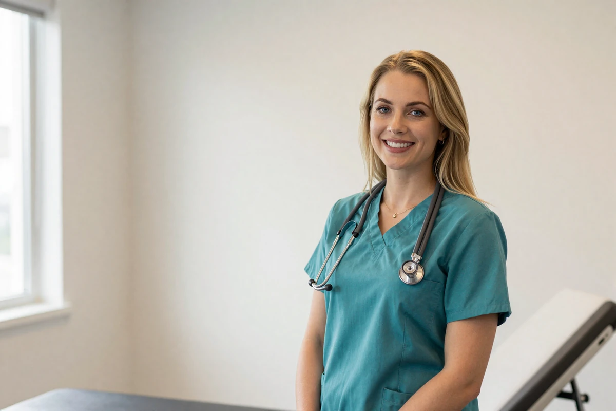 Female physician assistant smiling warmly in a modern clinic exam room