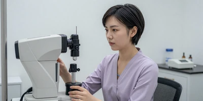 Female ophthalmologist at a diagnostic imaging station in an eye clinic