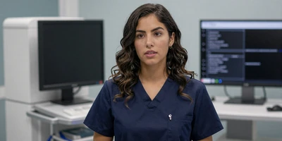 Latina radiology tech at an imaging workstation