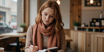 Female doctor writing thoughtfully in a notebook at a cozy cafe
