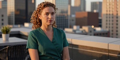 Mixed ethnicity female nurse practitioner at a rooftop cafe with city skyline
