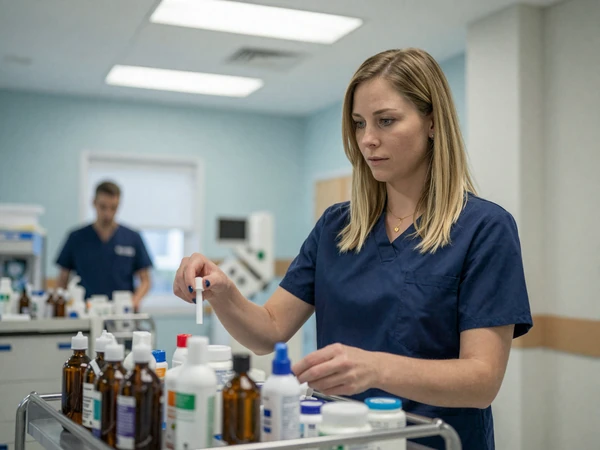 White female nurse in scrubs checking supplies in a modern hospital department