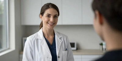 Female nurse practitioner in a modern clinic exam room