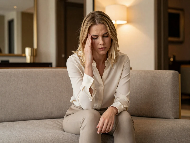 Female doctor resting on a sofa after a long shift in her apartment