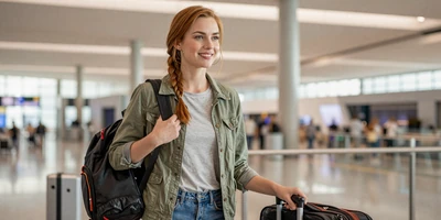 White travel nurse with a bag at an airport terminal