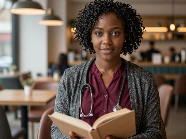 Female doctor in business casual attire reading a book in an upscale cafe