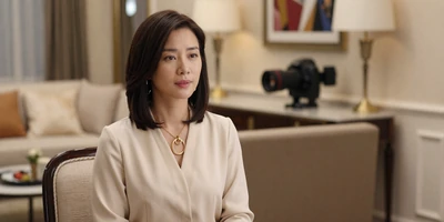 Female surgeon in an elegant blouse relaxing in a luxury apartment